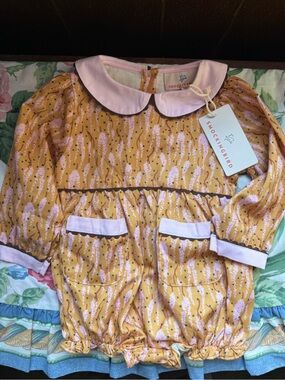 Smockingbird Girls' Yellow & Pink Peter Pan Collar Casual Dress Romper